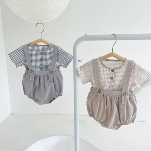 2021 Toddler Baby Summer Clothes Set Child Boys Suit Newborns Plaid Tops and Muslin Bloomer Matching Outfits Children Boys Set