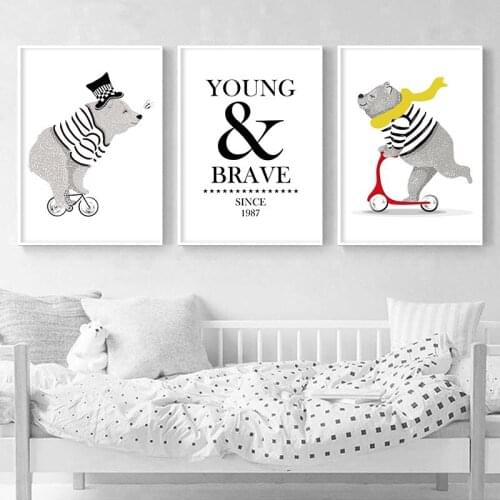 3 Pieces Lovely Bear Wall Art Canvas Painting Print Poster Quotes Nordic Decorative Picture Kids Baby Girl Room Nursery Decor
