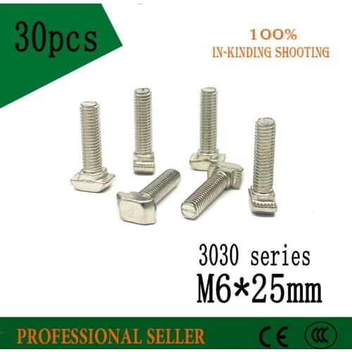 3030 Series M6*25mm 30pcs Hammer Head T Bolt Screw Nickel Plated For 3030 Aluminum Profile T-slot t screw