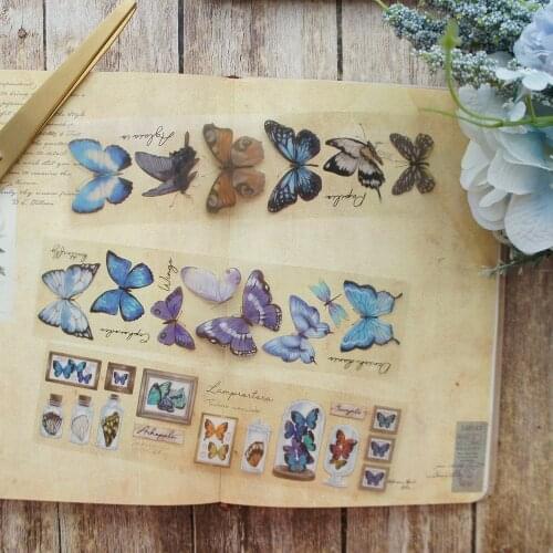 6 Sheets Blue Purple Butterfly Museum PVC Sticker Scrapbooking DIY Gift Packing Label Decoration Tag