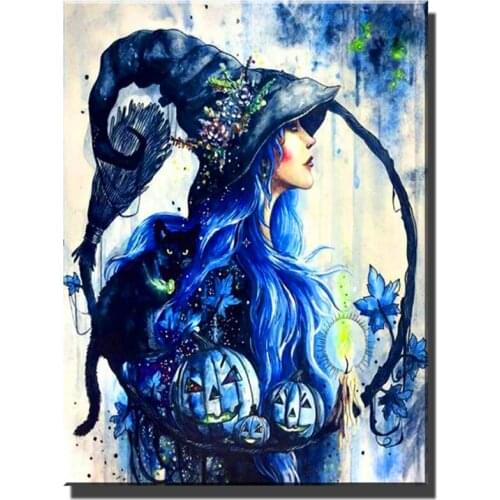 Full square round diamond 5D DIY Witch Cat diamond painting embroidery cross stitch 3D Halloween decoration gift YG2649