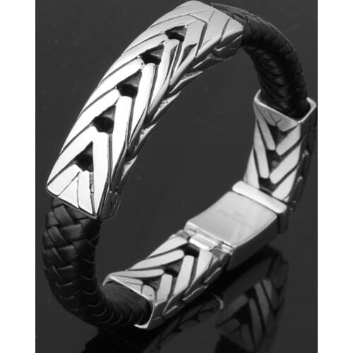 Punk Style Stainless Steel Ancient Totem Elegant Small Adorn Article Genuine Leather Bracelet Layer Hand Jewelry Gift 22.5cm