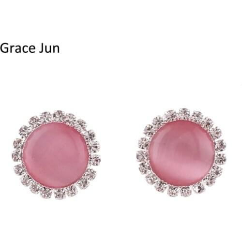 Grace Jun Top Quality Opal Rhinestone Round Clip on Earrings Without Piercing for Women Party Wedding Elegant Earrings Xmas Gift