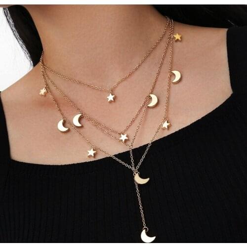 Trendy Women Fashion Gold Color Star Moon Multilayer Pendant Necklace for Women Classic Clavicle Chain Necklace Jewelry Gifts