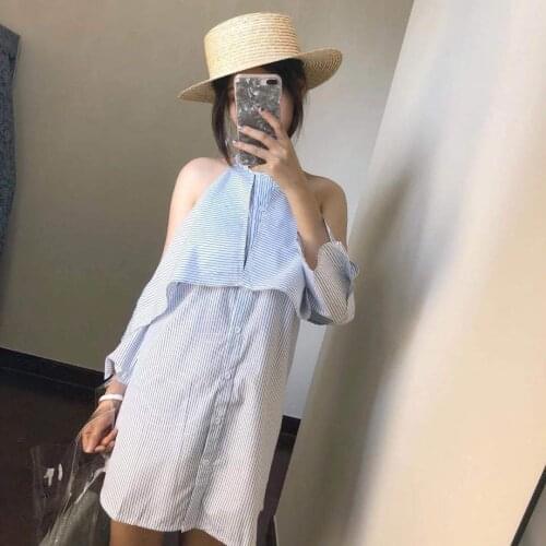 Design Sense Off-the-shoulder Neck Dress Summer New Holiday Style Striped Shirt Skirt Women Loose Thin Women French Dress