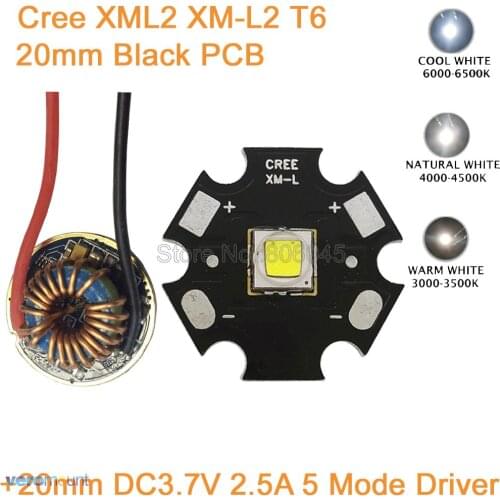 Cree XM-L2 T6 10W Cool White Neutral White Warm White LED Emitter 16mm or 20mm Black PCB + 20mm 5 Modes Dimmable XML T6 Driver