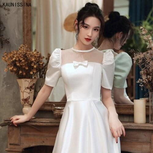 KAUNISSINA Simple A Line Wedding Dress Satin Bridal Gowns Short Sleeve Elegant White Marriage Bride Dresses vestido de noiva