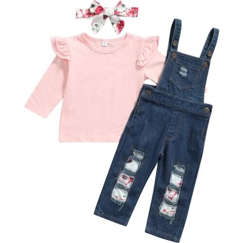 3Pcs Little Girls Outfit, Solid Color Fly Long Sleeve Round Collar Tops + Ripped Denim Suspender Trousers + Headwear Set