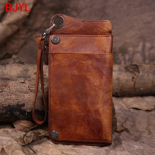 Leather Distressed Long Wallet Card Bag Mens Wallet Card Holder Purse Men Large-capacity Zipper Mobile Phone Bag Leather 2020