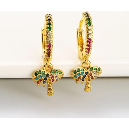 Gold Filled Coconut Tree Small Hoop Earrings for Women Crystal Small Pendant Earrings Cubic Zirconia Trendy Huggie Jewelry
