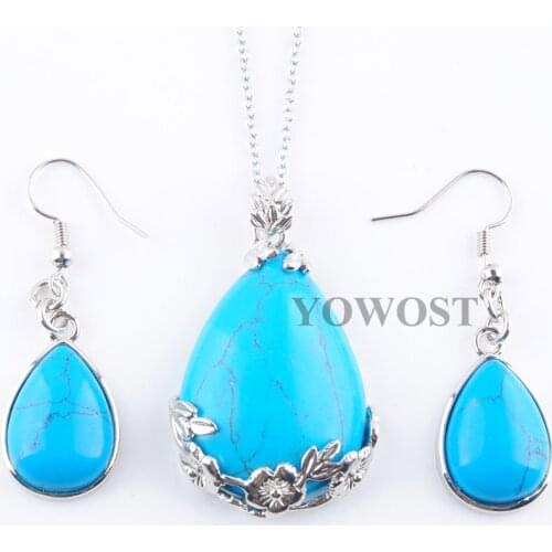 Natural Stone Hanging Earrings Chain Necklace Jewelry Set for women Popular fashion Blue Turquoises Bead Teardrop Pendant QQ3069