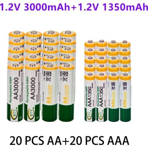 100% New 1.2V AA 3000mAh NI-MH Rechargeable Batteries+AAA battery 1350 mAh Rechageable battery NI-MH 1.2 V AAA battery
