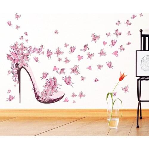 New 3D 2017 Pink butterfly high heels pattern wall stickers home decor living room Modern plane wall sticker home decoration