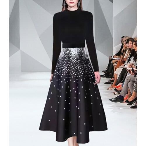 New Elegant 2 Piece Sets Autumn Winter Fashion Slim Bottoming Knitt Sweater+Chic High Waist Vintage Polka Dot Print Long Skirt