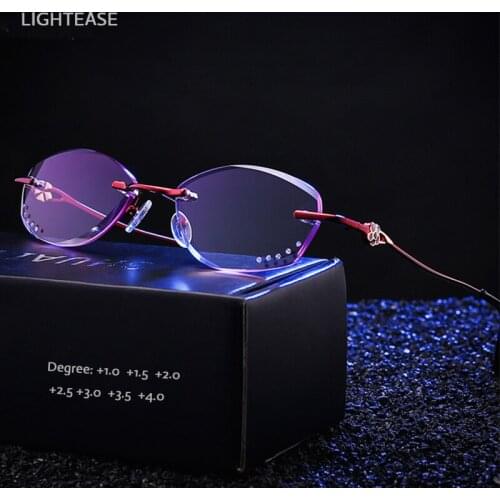 Luxury Reading Glasses Women Progressive Purple Finished Presbyopic Glasses Female Diamond Cutting Rimless Prescription Glasses