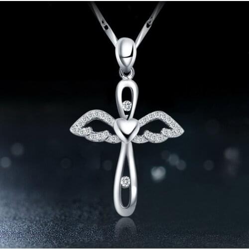 Silver Color Angel Wings Cross Pendant Necklace For Women Elegent AAA Zircon Choker Necklace Fashion Engagement Jewelry Gift
