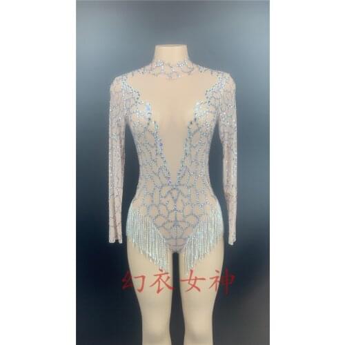 Silver Rhinestones Fringes Backless Transparent Net Bodysuit Women Dancer Sexy DS Wear Birthday Celebrate Outfit
