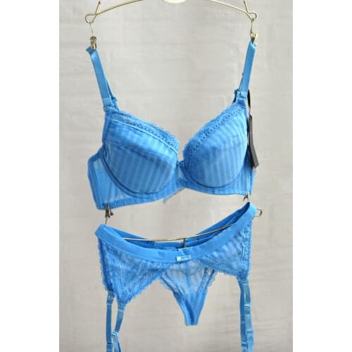 Blue comfortable push up 3 piece set underwear sexy bra with gauze insert thin cup stripe bra set