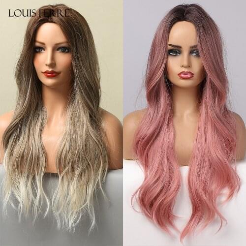 LOUIS FERRE Long Wave Synthetic Wig Ombre Blonde/Black Pink Wigs for Women Cosplay Natural Middle Part Hair Wigs Heat Resistant