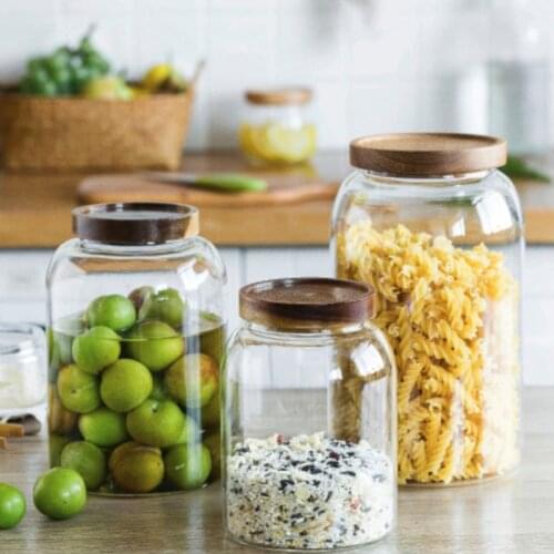 Glass storage jar candy coffee beans storage Wooden cover High borosilicate portable food container kitchen storage sealed jar