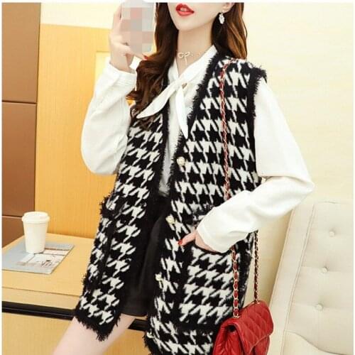 Bird Lattice V-neck Sweater Vest Jackets 2021 New Women Retro Harajuku Loose-fitting Vest Tops Big Pocket Autumn Knitwear Trendy
