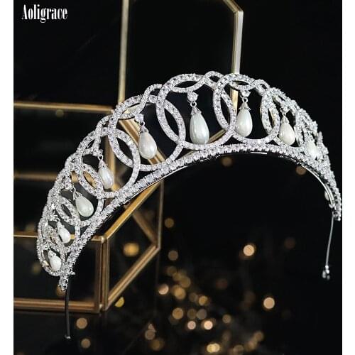 European Princess Royal Pearls Cubic Zirconia Tiaras and Crowns for Women CZ Zircon Wedding Sweet 16 Pageant Hair Accessories