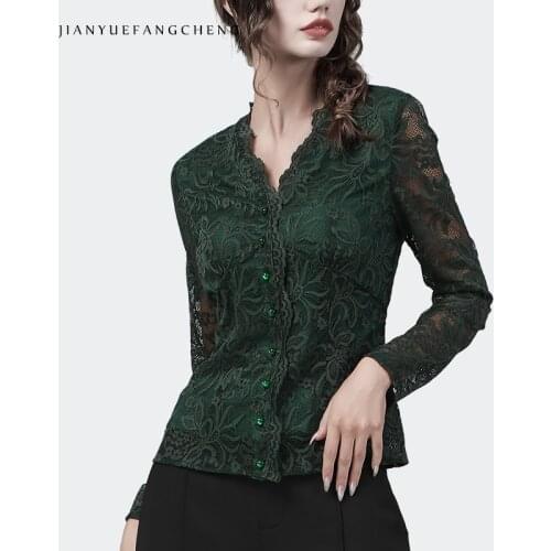 Sexy Hook Flower Hollow Womens Long Sleeve Lace Blouse V-Neck Elegant Slim Pearls Button-Down Shirt Autumn Ladies Bottoming Tops