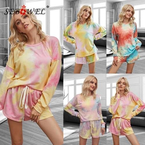 SEBOWEL Fashion Spring Autumn Women Casual Tie-dye Print Sets Gradient T-shirt Top + Shorts Outfits Female 2 Piece Matching Sets