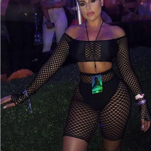 BKLD Women Outfits 2019 Mesh Set Off The Shoulder Top Knee Length Pants Sexy Fishnet Crop Tops S-3XL Plus Size Bodycon Two Piece