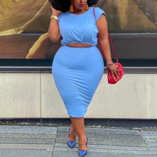 2 Pieces Sets Womens Outfits Skirt Plus Size Solid Crop Tops & Skirts Solid Bodycon Elegant Evening Night Club Matching Sets Big