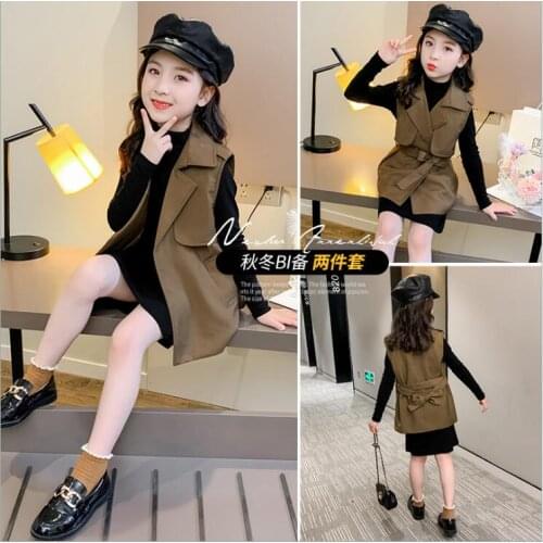 2021 Korea style girls 2 pcs set dress+waistcoat fashion autumn girls suit 4-9t B425