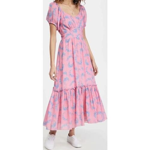 2021 Summer Boho women elegance v neck Plaid Printed Dresses Fashion sweet floral Vestido holiday Ruffle hem Pleated Midi Dress