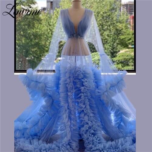 Blue See Through V Neck Evening Party Dress Handmade Applique Long Puffy Sleeves 2020 Sheer A Line Prom Dresses Robe De Soiree