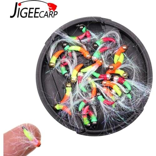 Jigeecarp 6pcs Fluorescent Flashabou Tinsel Flies Tungsten Bead Heads Ice Fishing Fly Lure Trout Fishing Flies Bait Random Color