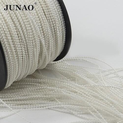 JUNAO 1.5mm White Pearl Beads Chain Trim Bridal Applique Pearls Bead String Strass Crystal Band for Wedding Garland Decoration
