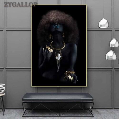 African Black Woman Canvas Painting Modern Art Posters and Prints Cuadros Fluffy Hair Women Canvas Pictures for Living Room Wall