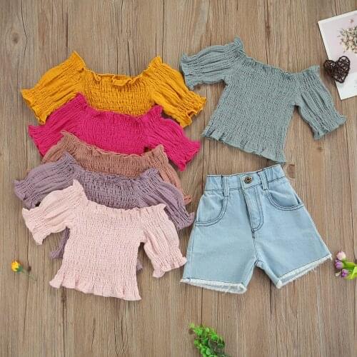 2-Piece Summer Fashion Little Girl Suit Toddler Solid Color Strapless Short-Sleeved Pleated Top + Thick Denim Shorts Suit 1-6T