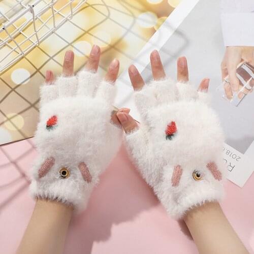 Kawaii Gloves Female Winter Students Write Rabbit Half Finger Flip Cover Cartoon Plush Fluffy Thick Warm Women Cute Gloves
