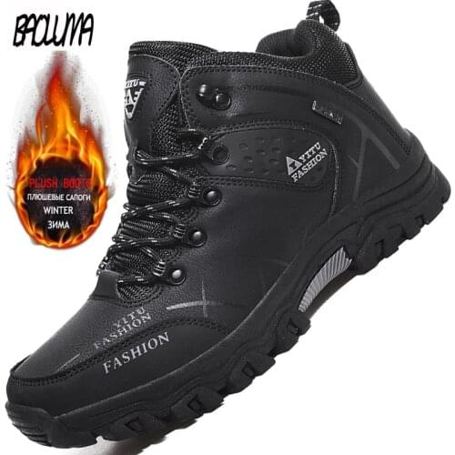 Brand Mens Winter Boots Mens Snow Boots Winter Warm Leather Waterproof Men Sneakers Outdoor Breathable Hiking Boots Work Shoes
