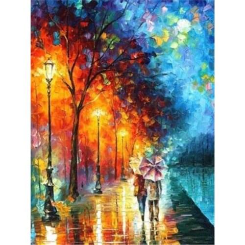 Landscape Rain City Night Street DIY 11CT Cross Stitch Embroidery Kits Craft Needlework Set Printed Canvas Wholesale