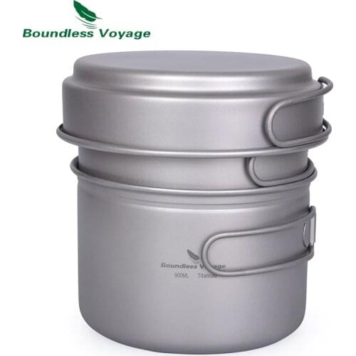 Boundless Voyage Titanium Pot Pan Set with Folding Handle Outdoor Camping Picnic Backpacking Soup Bowl Frying Pan Mess Kit