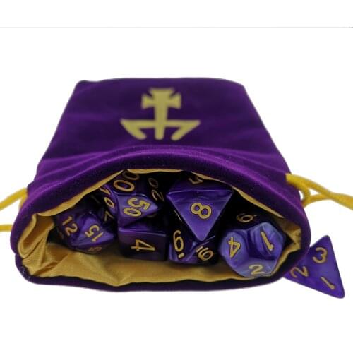 Marbled Purple / Black DND Dice Set and Matching Velvet Bag Pouch with Custom Logo for RPG D&D DND Games