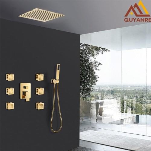 Quyanre Golden Shower Faucets Set Gold Ultrathin Shower Head 6pcs Massage SPA Jets Shower 3-way Mixer Tap Bath Gold Shower Kit