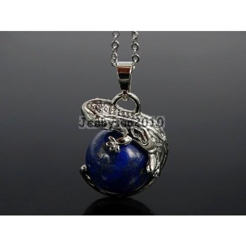Natural Lapis Lazuli Gem Stone Round Ball Chakra Lizard Pendant Necklace Beads Healing Jewelry Design 10Pcs/Pack