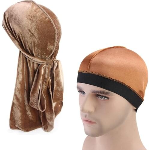 New Mens Velvet Durags Bandana Turban Hat silky Dome Cap Turban wide band stretchy wig cap