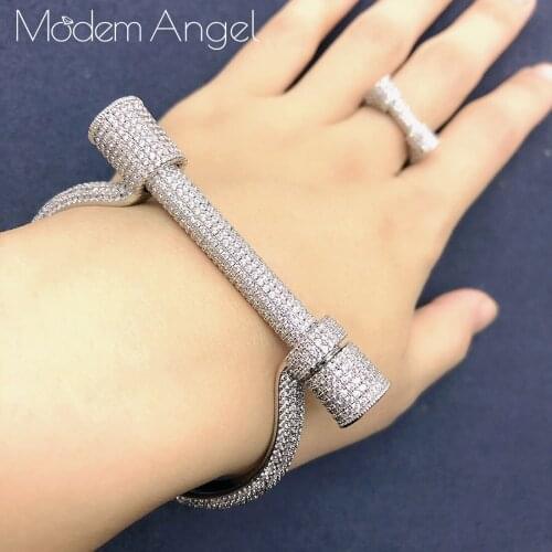 ModemAngel New Arrive Luxury Bamboo Shape Super Cubic Zriconia Width Bracelet Bangle Ring Set Saudi Arabic Dubai Bangle Ring