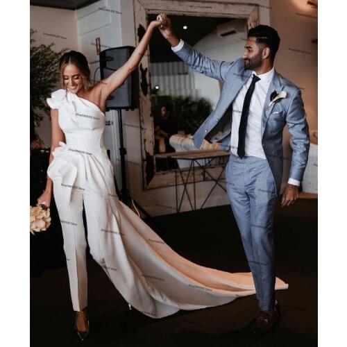 One Shoulder Beach Jumpsuit Wedding Dresses with Train 2021 Stain Ruched Tailor Made Country Boho Bride Pant Suit Wear