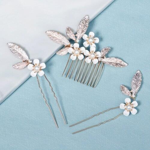 OKILY 3pcs/Set Simple Wedding Hair Accessories Flower Haircomb for Women Alloy Leaf U Shape Hairpins Head Headpiece Jewelery