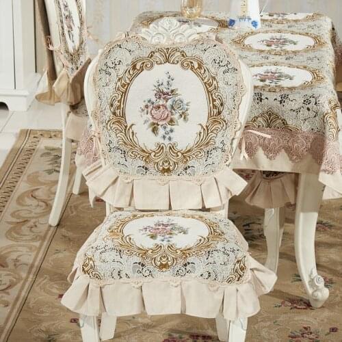European Luxury Chenille Chair Covers Dining Room Non-slip Jacquard Floral Lace Seat Cushion Chair Backrest Cover Set Beige Blue