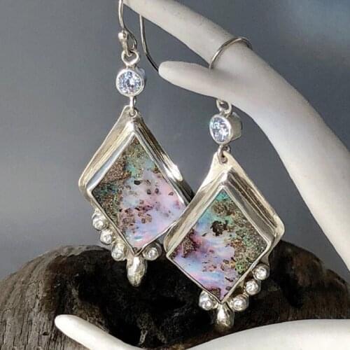 New Creative Square Geometric Purple Opal Resin Stone Earring Lovely White Zirconia Wedding Dangle Earrings Jewelry